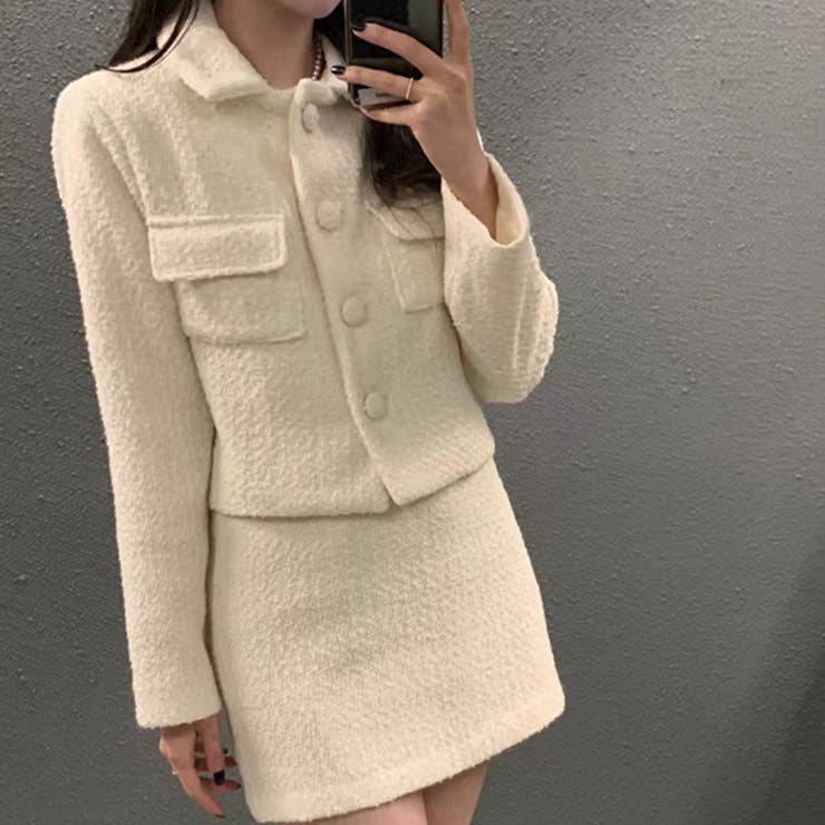 ✨未使用✨ハチヤーズ　セットアップ　ゼブラ　ジャケット　スカート　ホワイト　M PURESS/ピュアレス】スパンコール ツイード セットアップ