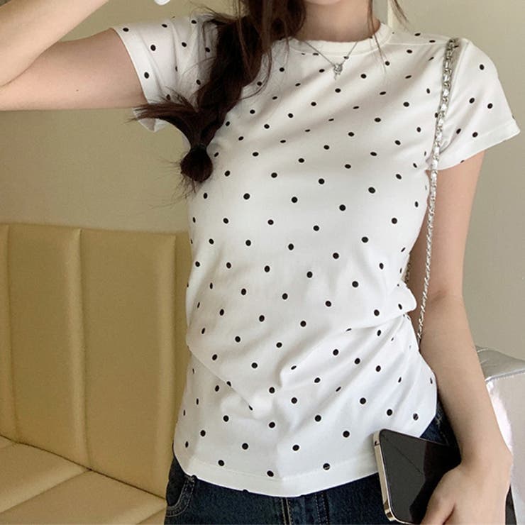 トップス　茶色水玉　F 新品　フォロー割-200円 レースドッキングスリーブトップス【洗濯機洗い可/UVケア