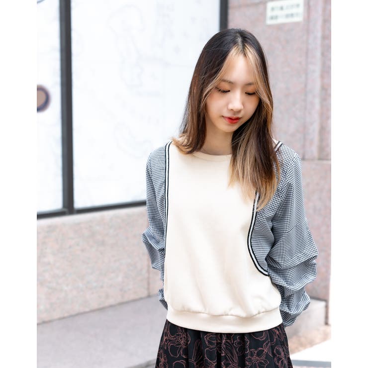 袖ボリューム／チェックドッキングトップス | Frenchic | 詳細画像4 