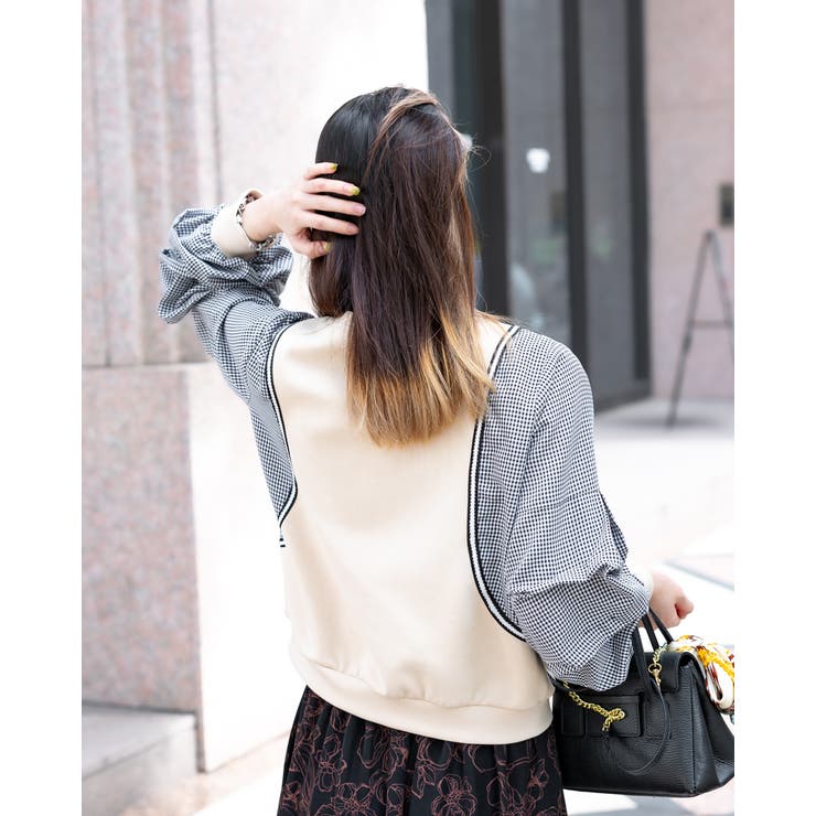 袖ボリューム／チェックドッキングトップス | Frenchic | 詳細画像5 