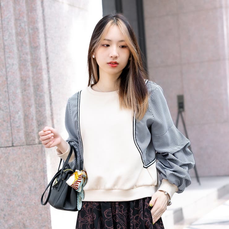 ベージュ | 袖ボリューム／チェックドッキングトップス | Frenchic