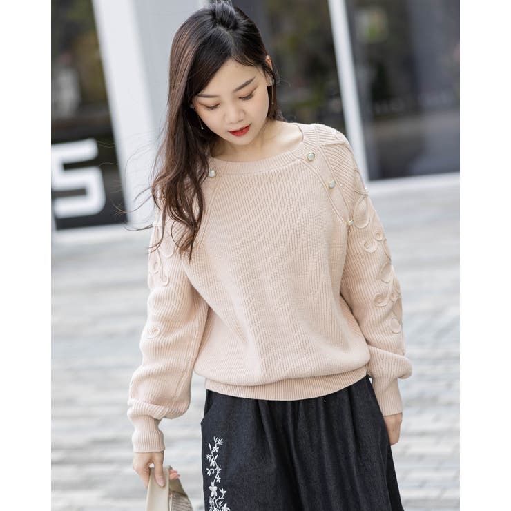 花柄ピンクニット艶々パール付き[品番：LVLW0000340]｜Frenchic