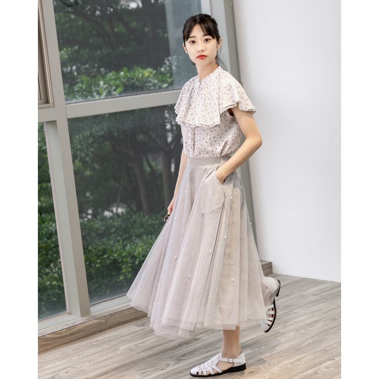 花柄ラッフルバンドカラーブラウス フリル ノースリーブシャツ | Frenchic | 詳細画像10 