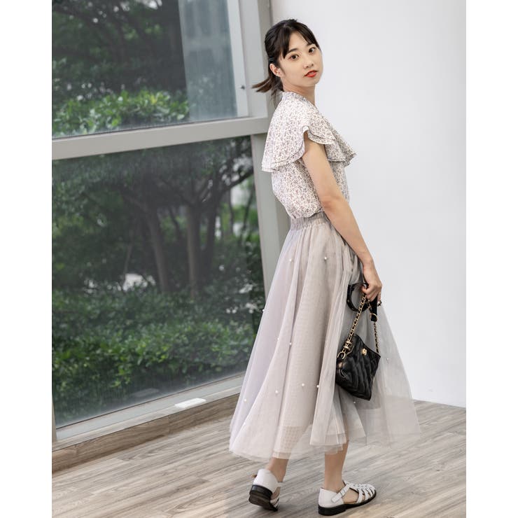 花柄ラッフルバンドカラーブラウス フリル ノースリーブシャツ | Frenchic | 詳細画像12 