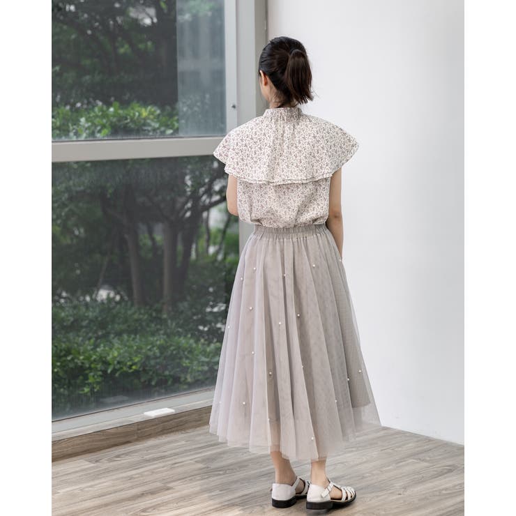 花柄ラッフルバンドカラーブラウス フリル ノースリーブシャツ | Frenchic | 詳細画像13 