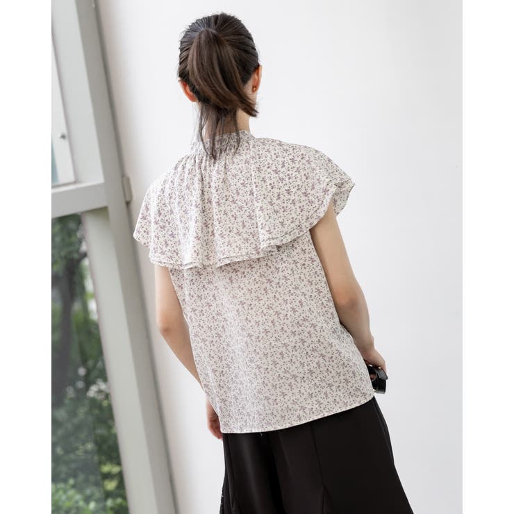 花柄ラッフルバンドカラーブラウス フリル ノースリーブシャツ | Frenchic | 詳細画像15 
