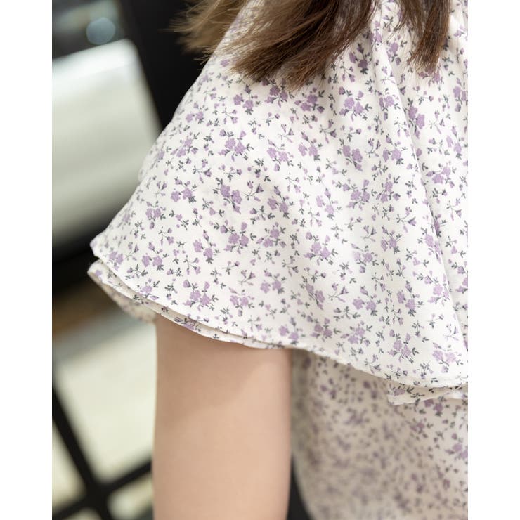 花柄ラッフルバンドカラーブラウス フリル ノースリーブシャツ | Frenchic | 詳細画像19 