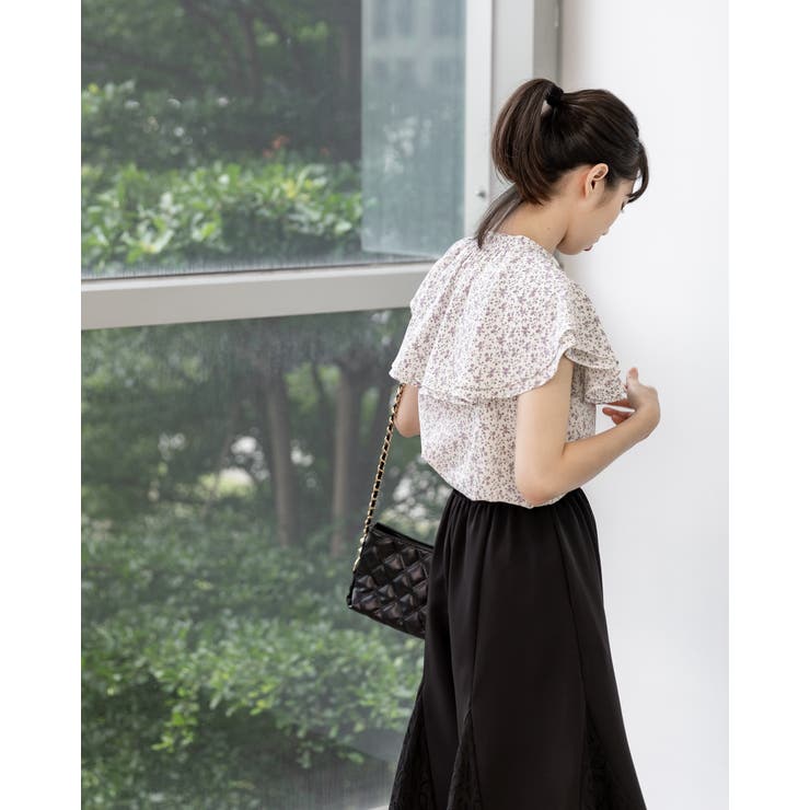 花柄ラッフルバンドカラーブラウス フリル ノースリーブシャツ | Frenchic | 詳細画像4 