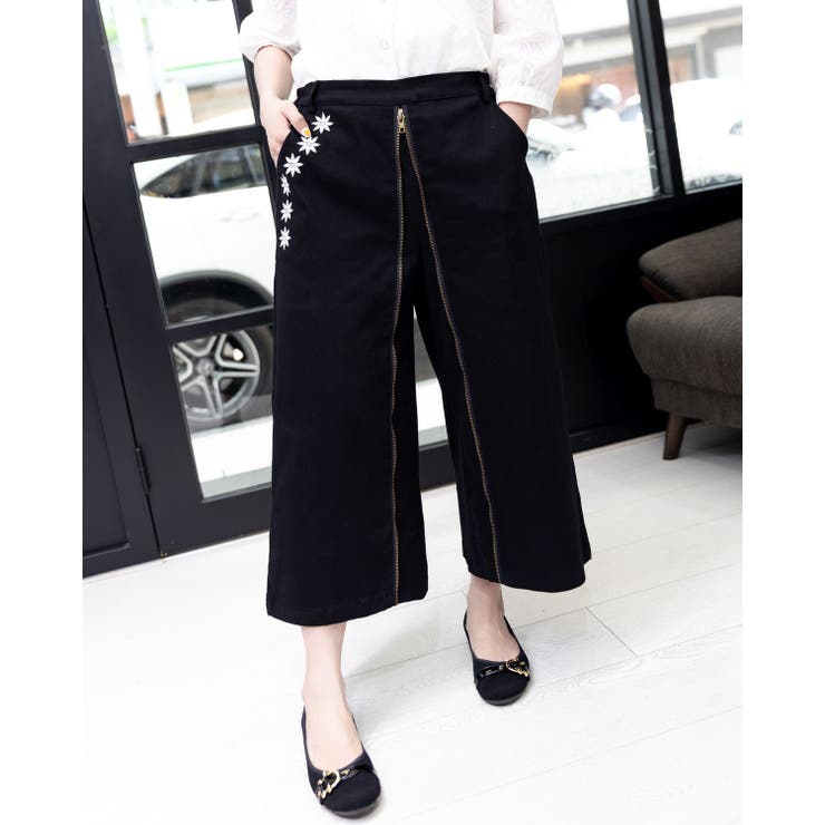 ブラック | 刺繍フロントZIPパンツ | Frenchic