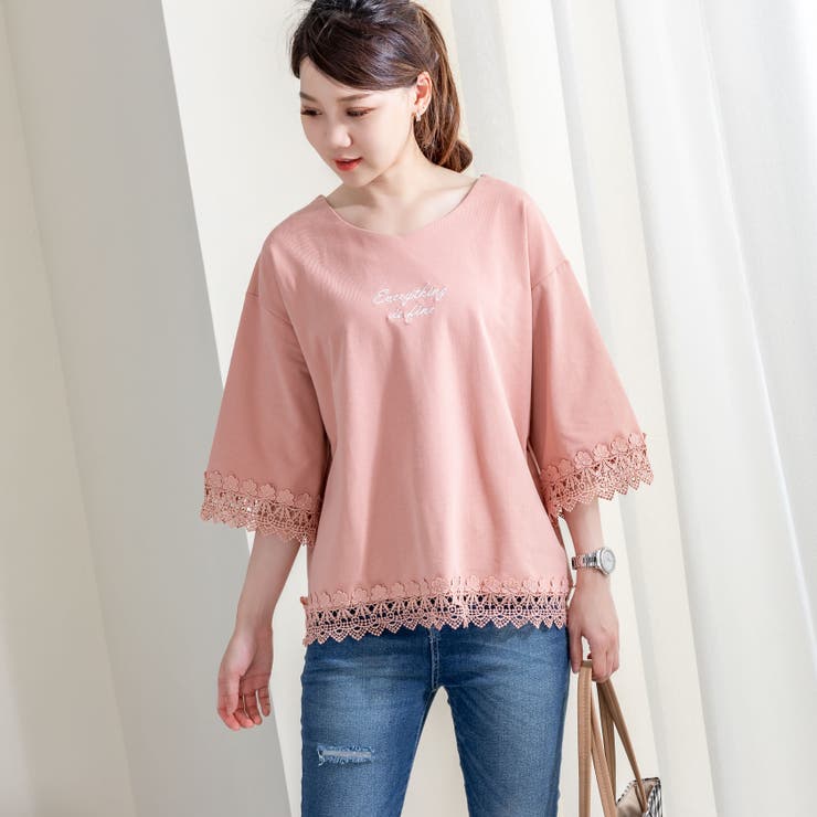 Ｔシャツ 文字刺繍 レース | Frenchic | 詳細画像1 
