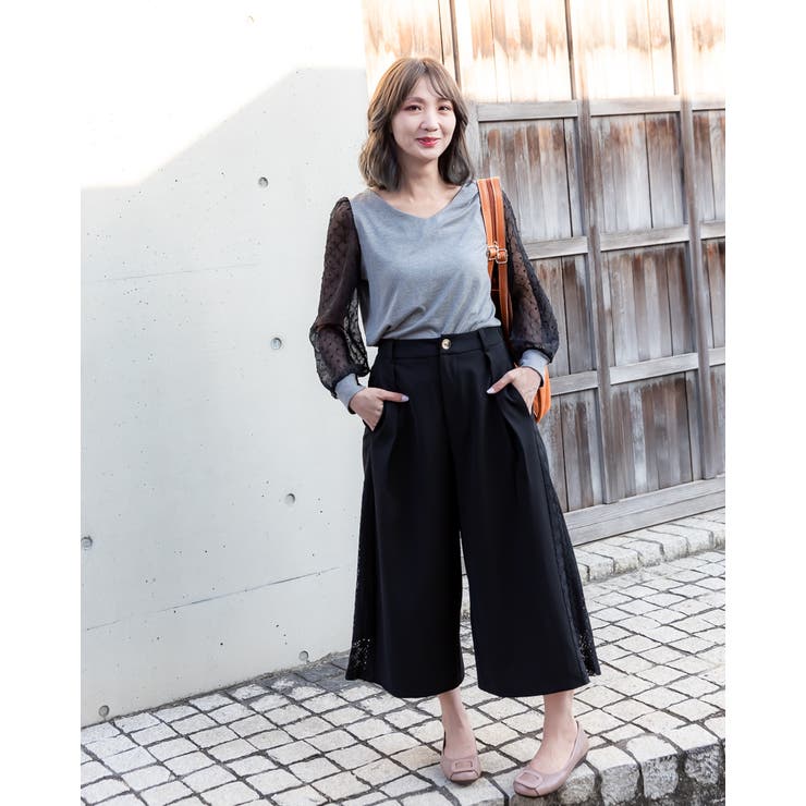 スリムサイドステッチ レースワイドパンツ | Frenchic | 詳細画像6 