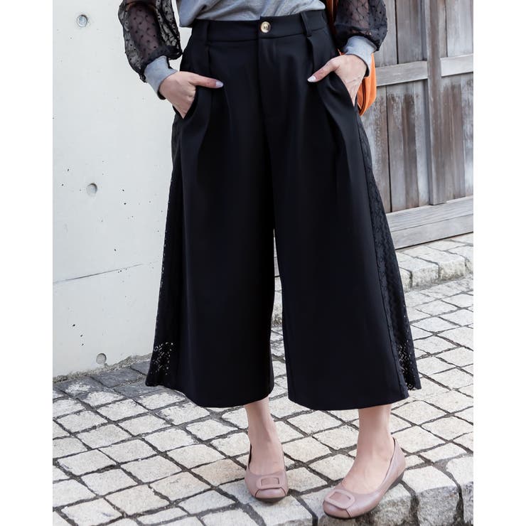 ブラック | スリムサイドステッチ レースワイドパンツ | Frenchic