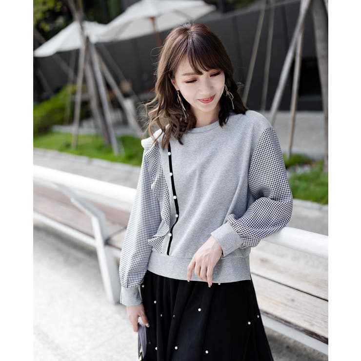 グレー | アシンメトリーチェック柄フリル切替スウェット | Frenchic