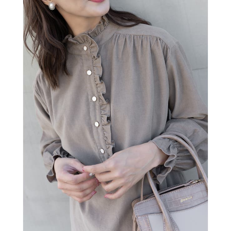ブラウン | フリルネックコーデュロイブラウス | Frenchic