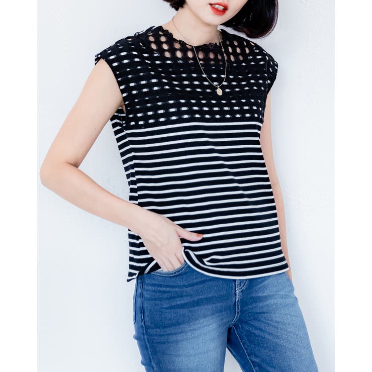 クロ / Fサイズ | レース２ＷＡＹカットソー レーディス ノースリーブ | Frenchic