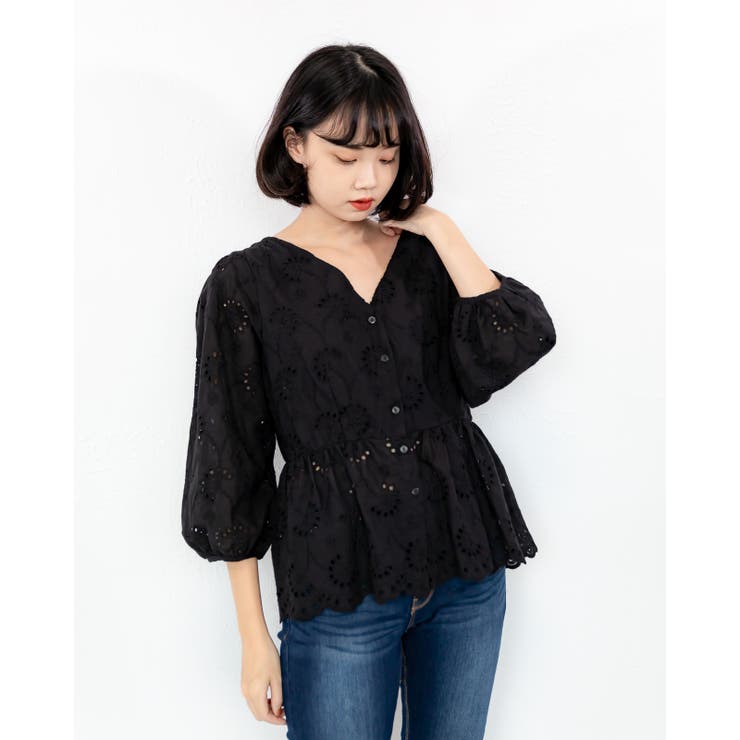 ブラック | 刺繍レースペプラムブラウス レーディス トップス | Frenchic