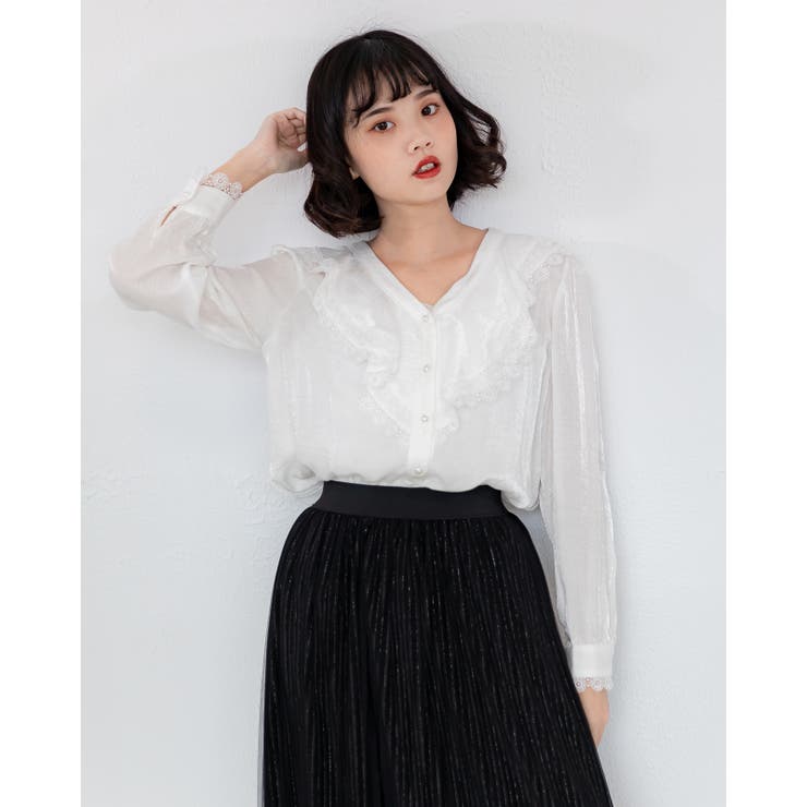 ホワイト | ラメ入りシルクブラウス レーディス 長袖 | Frenchic