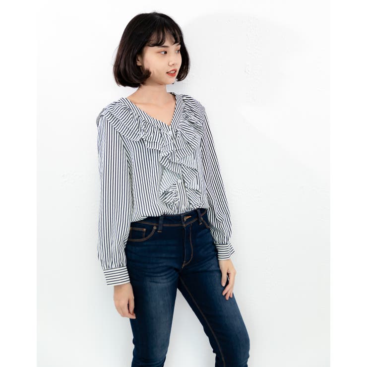 ブラック | ストライプ柄フリルブラウス レーディス 長袖 | Frenchic