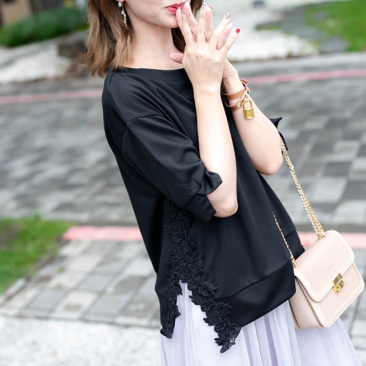 ブラック | 大花刺繡レースカットソー レーディス カジュアル | Frenchic