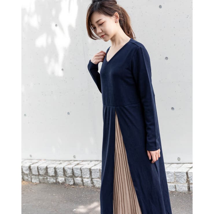 ドッキングワンピース プリーツスカート ロングワンピース[品番