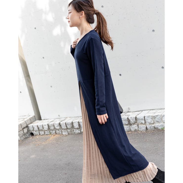 ドッキングワンピース プリーツスカート ロングワンピース[品番