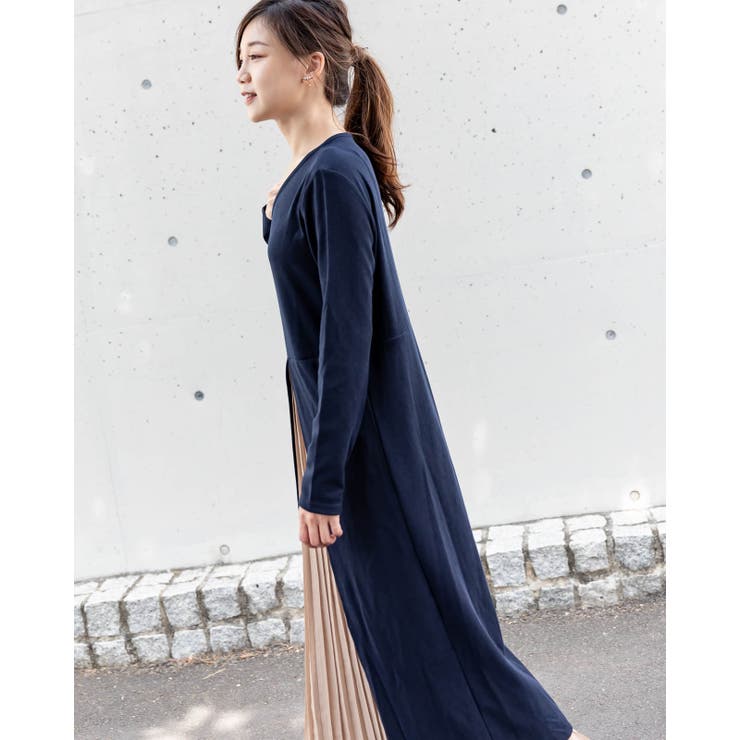 ドッキングワンピース プリーツスカート ロングワンピース[品番