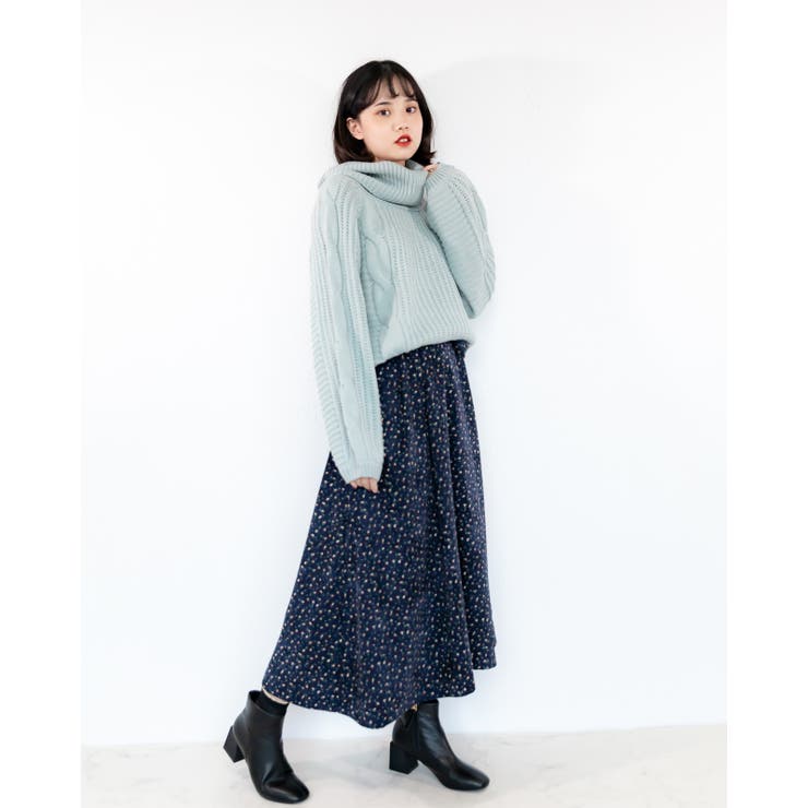 ネイビー | 小花コーデュロイスカート レーディス 花柄 | Frenchic