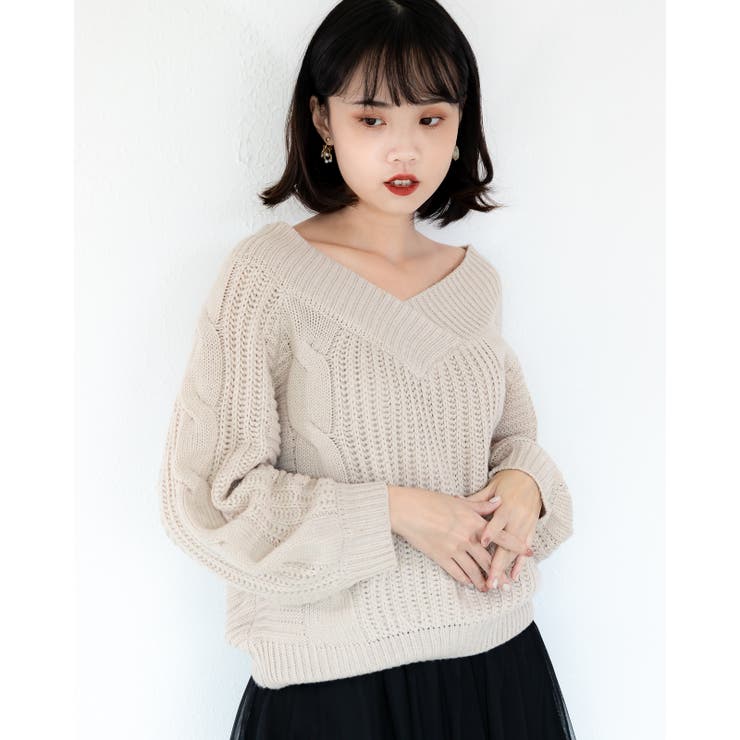 ベージュ | Ｖネックニットトップス レーディス 長袖 | Frenchic