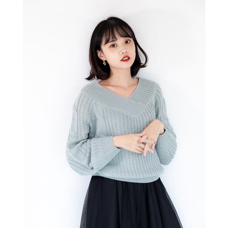 グリーン | Ｖネックニットトップス レーディス 長袖 | Frenchic