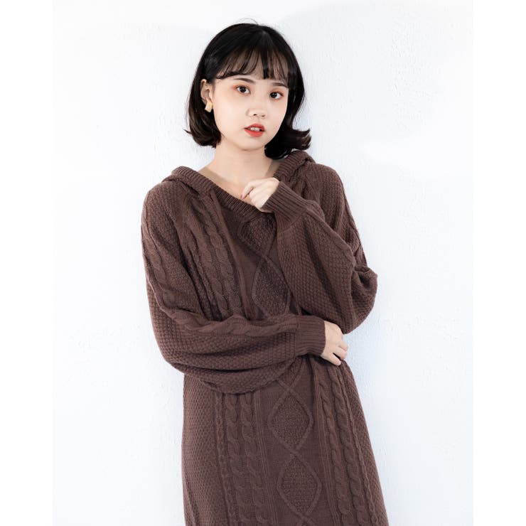 ブラウン | フード付き ニットワンピース レーディス | Frenchic