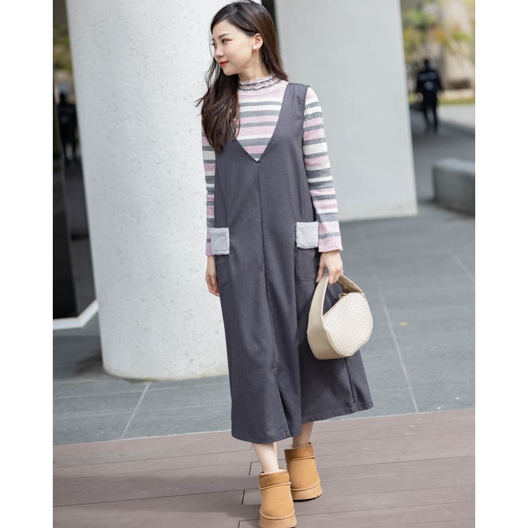 グレー | ワイドサロペットスカート もこもこポケット付き | Frenchic