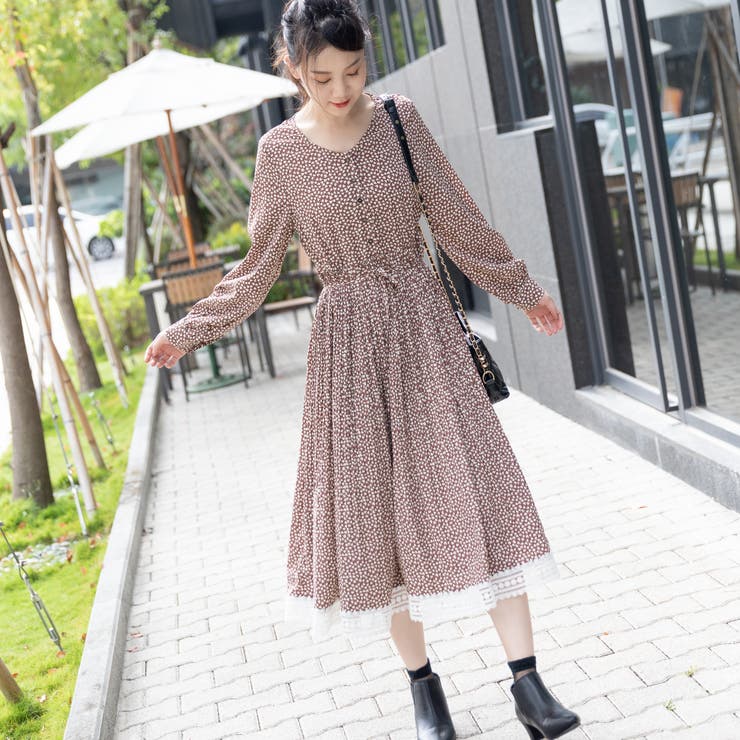 ブラウン | Vネック花柄ワンピース | Frenchic