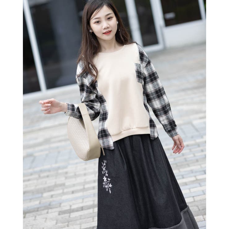 オープンショルダーチェック柄切替えブラウス | Frenchic | 詳細画像16 