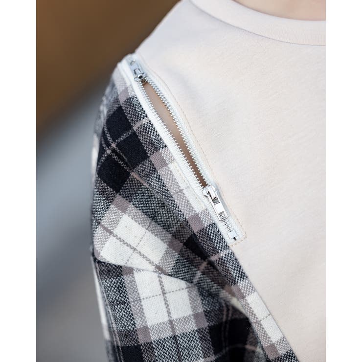 オープンショルダーチェック柄切替えブラウス | Frenchic | 詳細画像19 