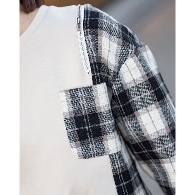 オープンショルダーチェック柄切替えブラウス | Frenchic | 詳細画像23 