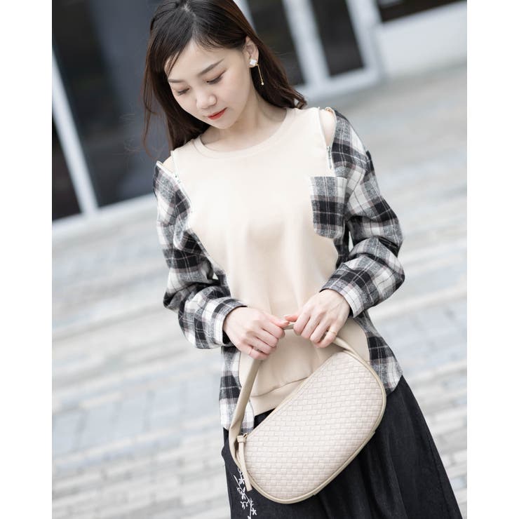 オープンショルダーチェック柄切替えブラウス | Frenchic | 詳細画像18 