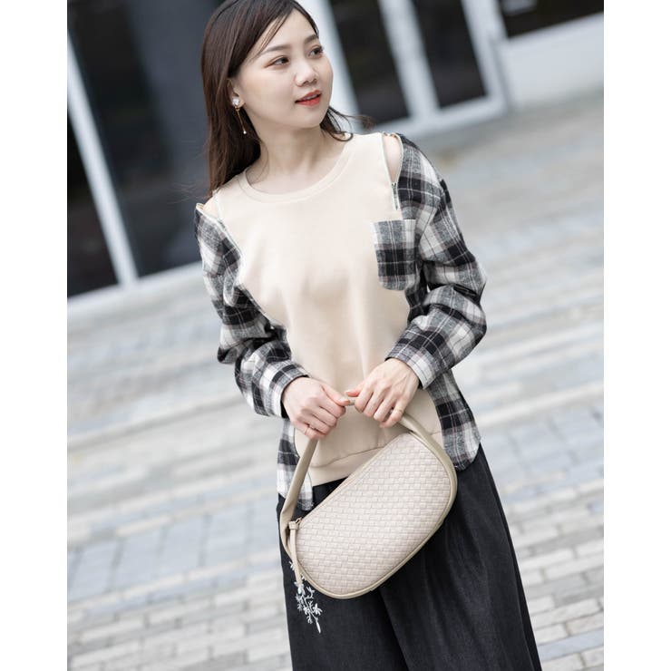 オープンショルダーチェック柄切替えブラウス | Frenchic | 詳細画像1 