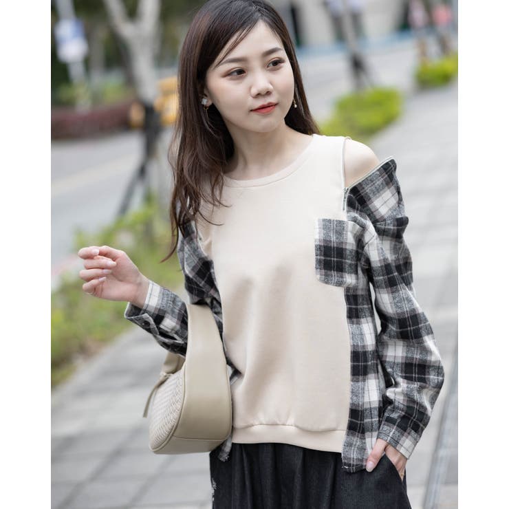 オープンショルダーチェック柄切替えブラウス | Frenchic | 詳細画像26 