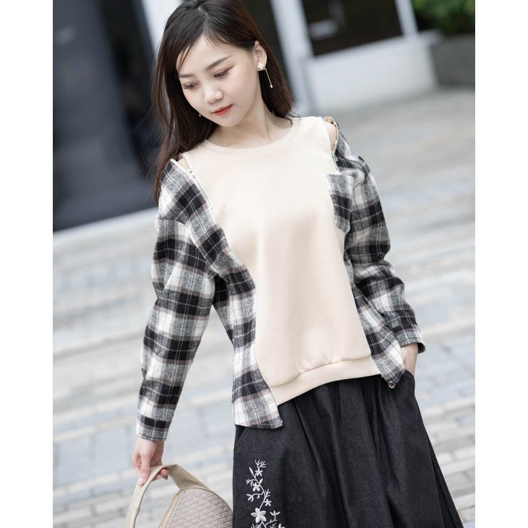 オープンショルダーチェック柄切替えブラウス | Frenchic | 詳細画像2 