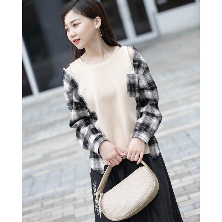 オープンショルダーチェック柄切替えブラウス | Frenchic | 詳細画像3 