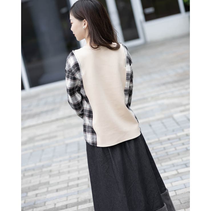 オープンショルダーチェック柄切替えブラウス | Frenchic | 詳細画像4 