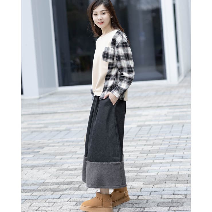 オープンショルダーチェック柄切替えブラウス | Frenchic | 詳細画像6 