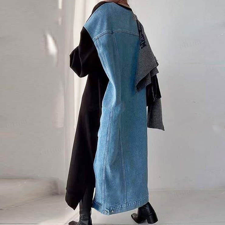 ブラック | 韓国ファッション MINDSETデニム×スウェットロングワンピース 冬 | LoveTiara