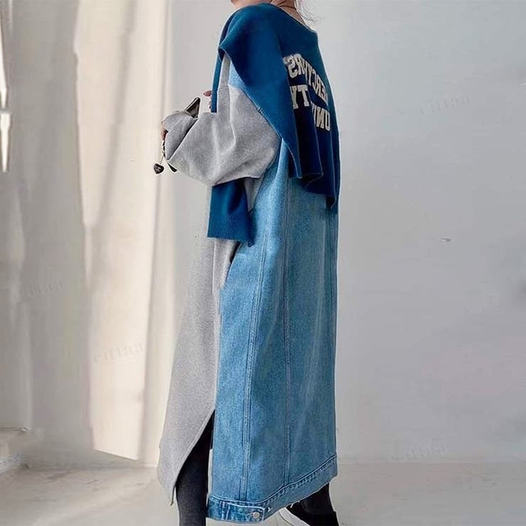 グレー | 韓国ファッション MINDSETデニム×スウェットロングワンピース 冬 | LoveTiara