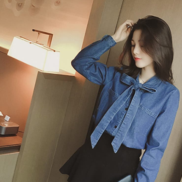 厚手 大人のボウタイリボン デニムシャツ[品番：LV000001582