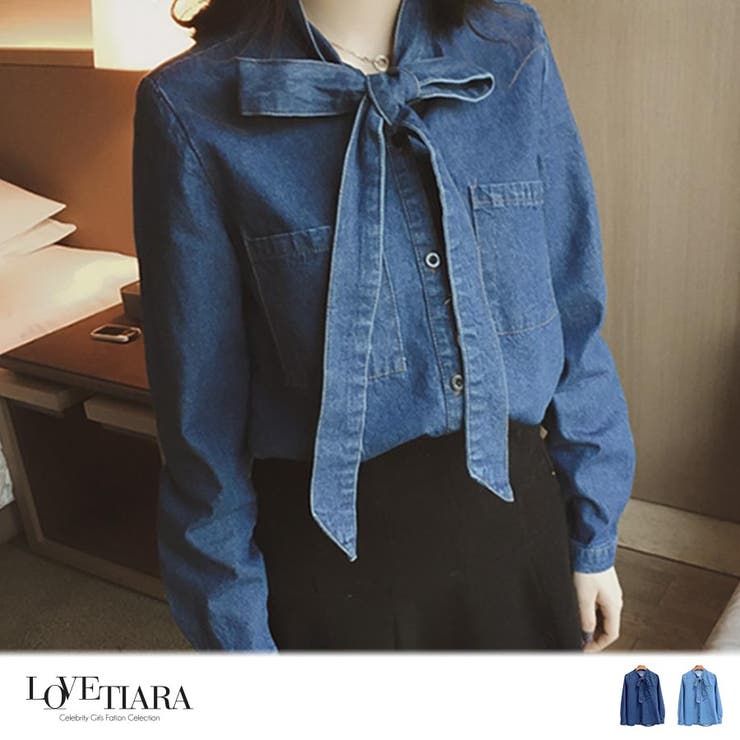 厚手 大人のボウタイリボン デニムシャツ（デニムブラウス[品番