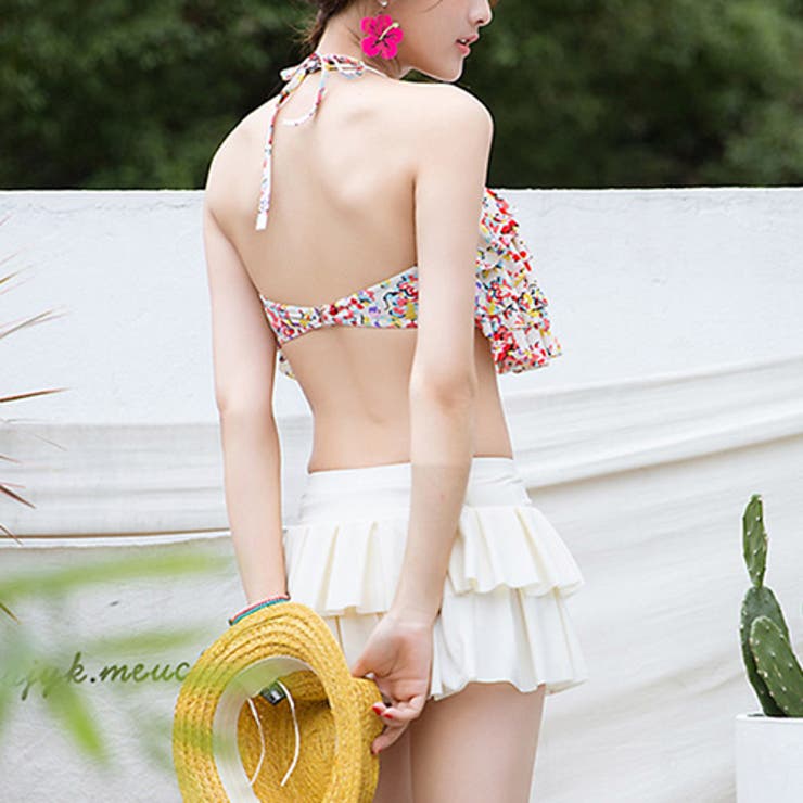 ぼかしフラワープリントフリルフレアビキニ×スカートセット