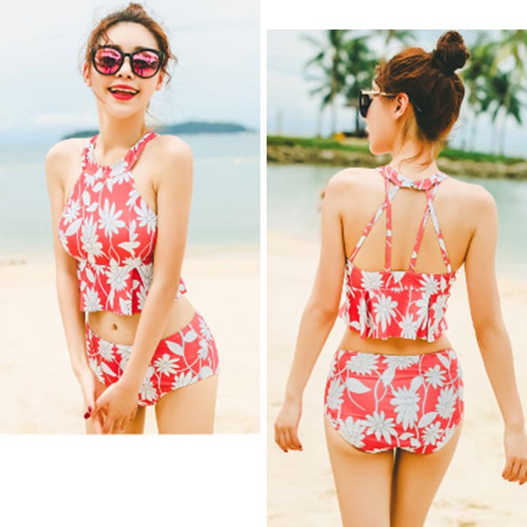3点セット水着】2017夏新作 大人のフラワー柄台形ビキニ×スカートの