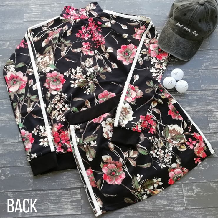 新作B girlスタイル フラワープリント×ラインスウェットセットアップ