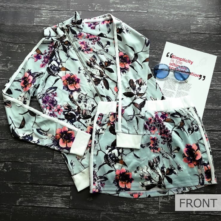 新作B girlスタイル フラワープリント×ラインスウェットセットアップ